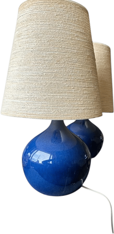Lotte and Gunnar Bostlund Blue Glazed Ceramic Lamps with Jute Wrapped Shades