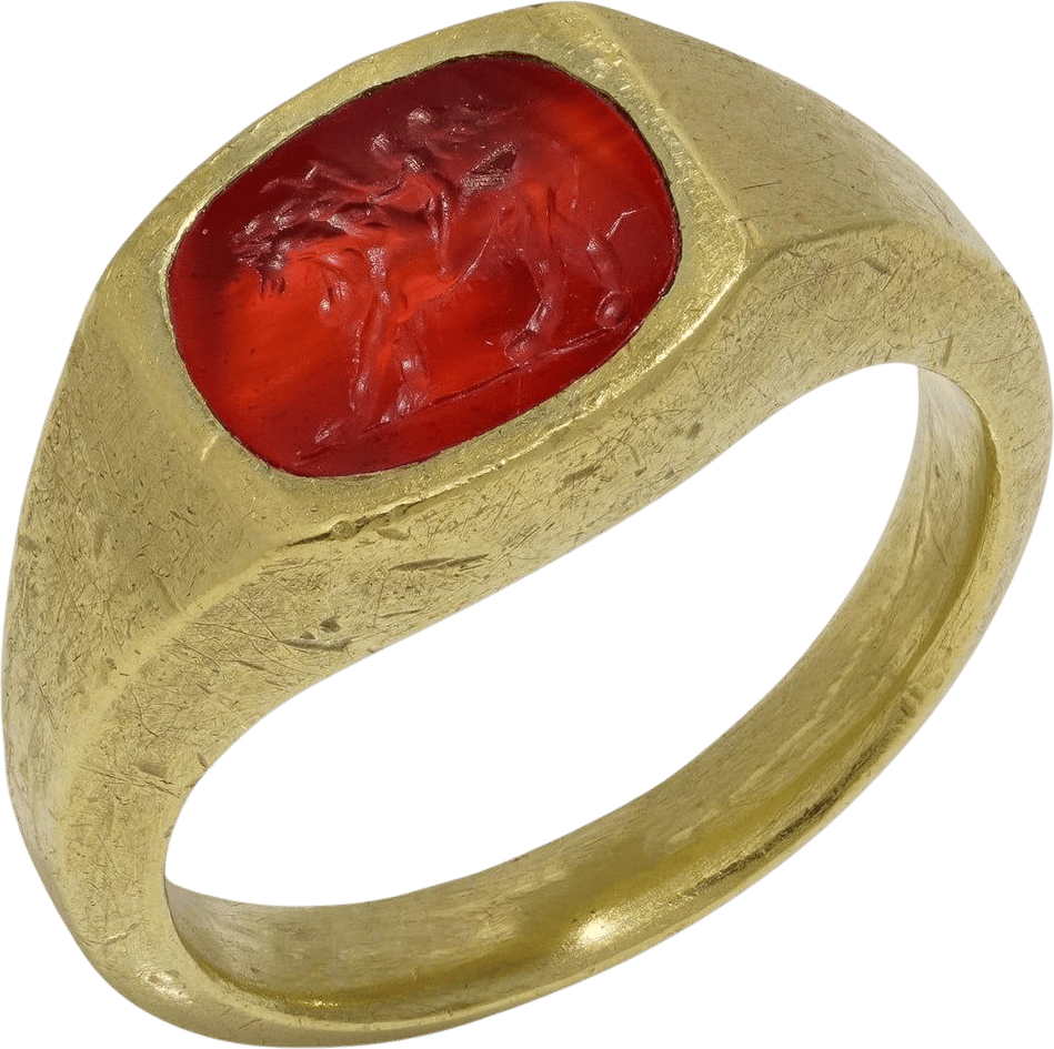 Roman Carnelian Intaglio Ring with Cupid Riding a Lion