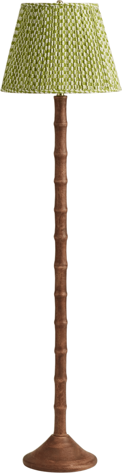 Warm Walnut Knotted Column and Green Block Print Floor Lamp
