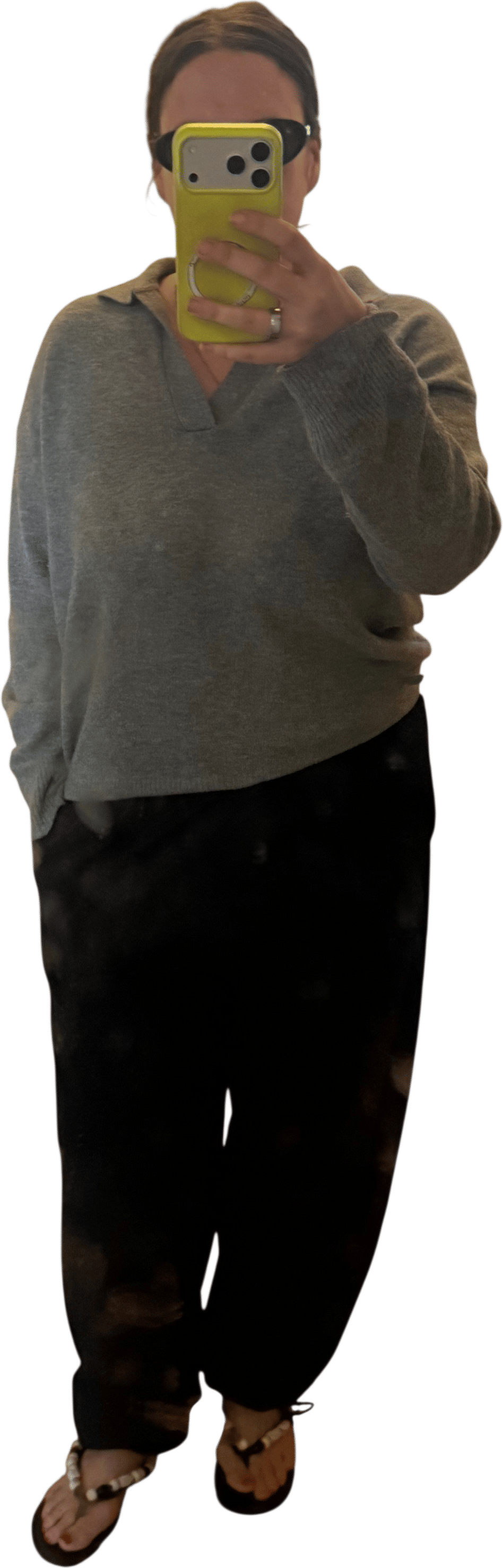 Black target dance pants, OLD grey polo, insane flip flops