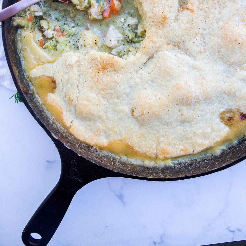 One Skillet Cheddar Chicken Pot Pie