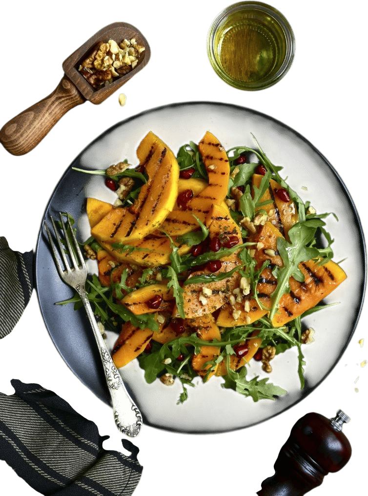 Pumpkin, rocket, walnut and pomegranate salad