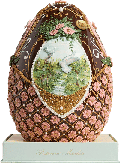 Dark Chocolate Easter Egg with Swallows and Pink Flowers
