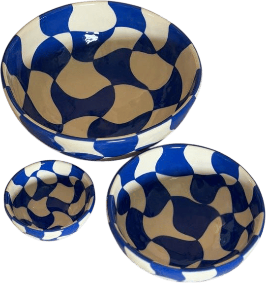 Stoneware Bowl Set Cobalt Blue Wavy Checker Pattern
