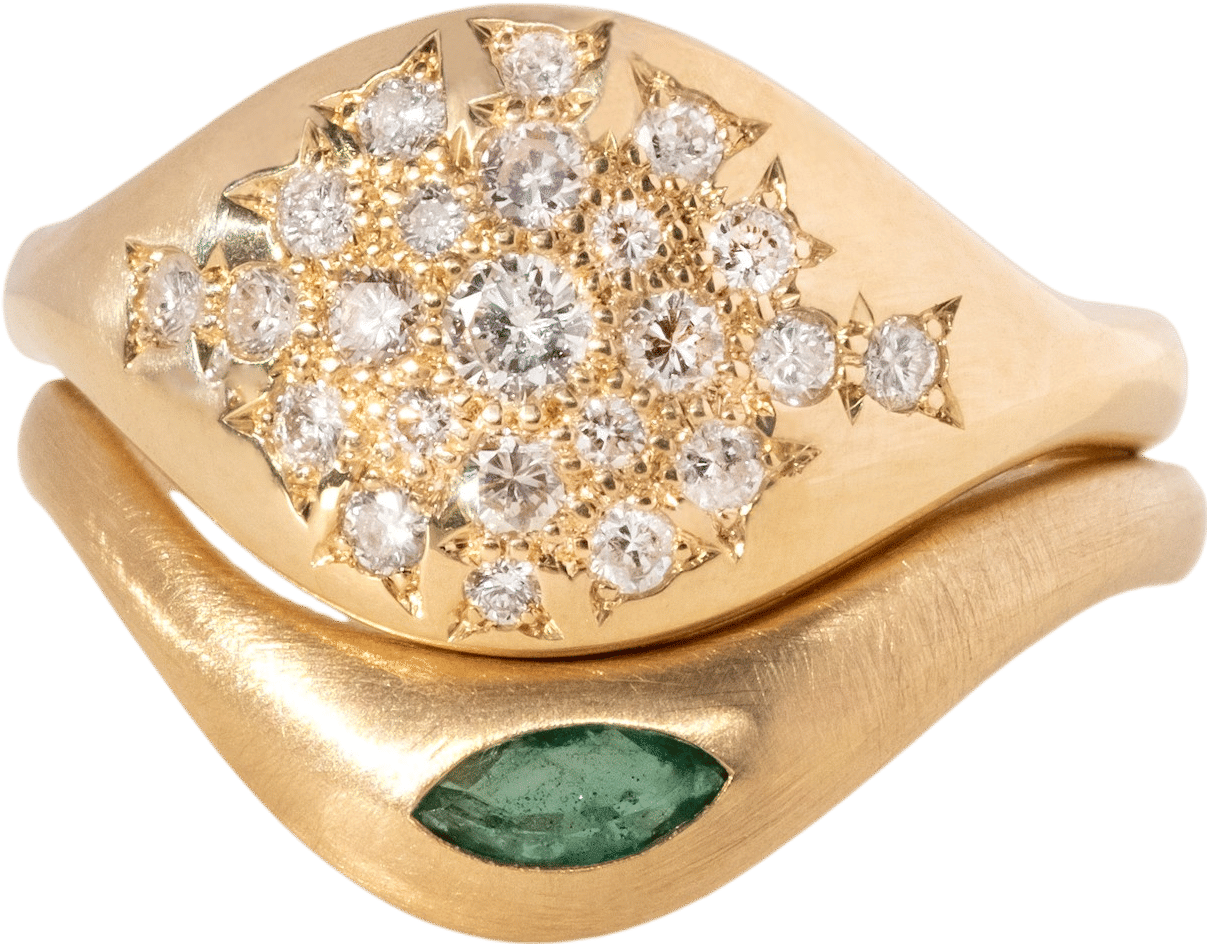 Diamond and Emerald Ceremony Set in Brushed Gold by Spur Jewelry