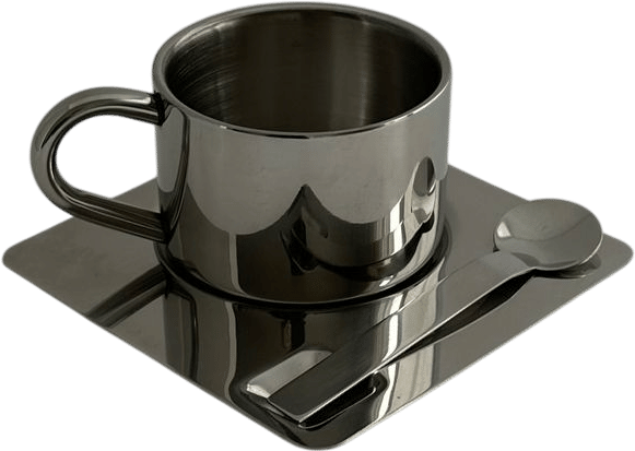 'HEDONISM' stainless steel cup with saucer