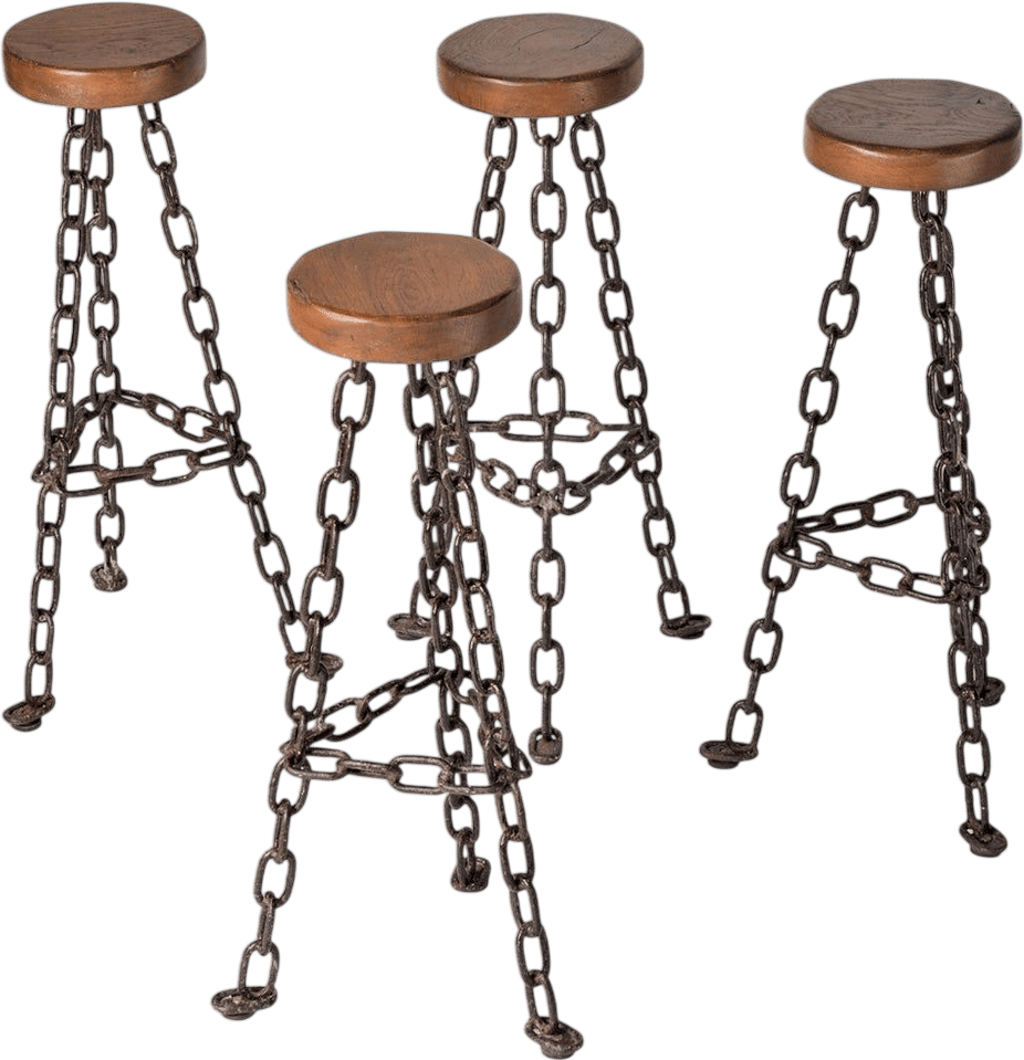 70s French Marine Chain and Wood Bar Stool Set