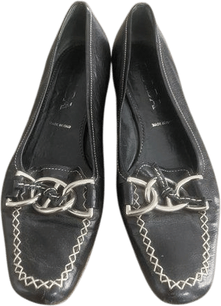 Prada Black Leather Chain Link Loafer Moccasins