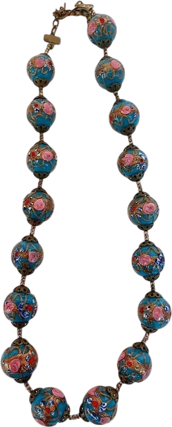 Vintage Murano Enamel Floral Bead Wedding Cake Brass Necklace