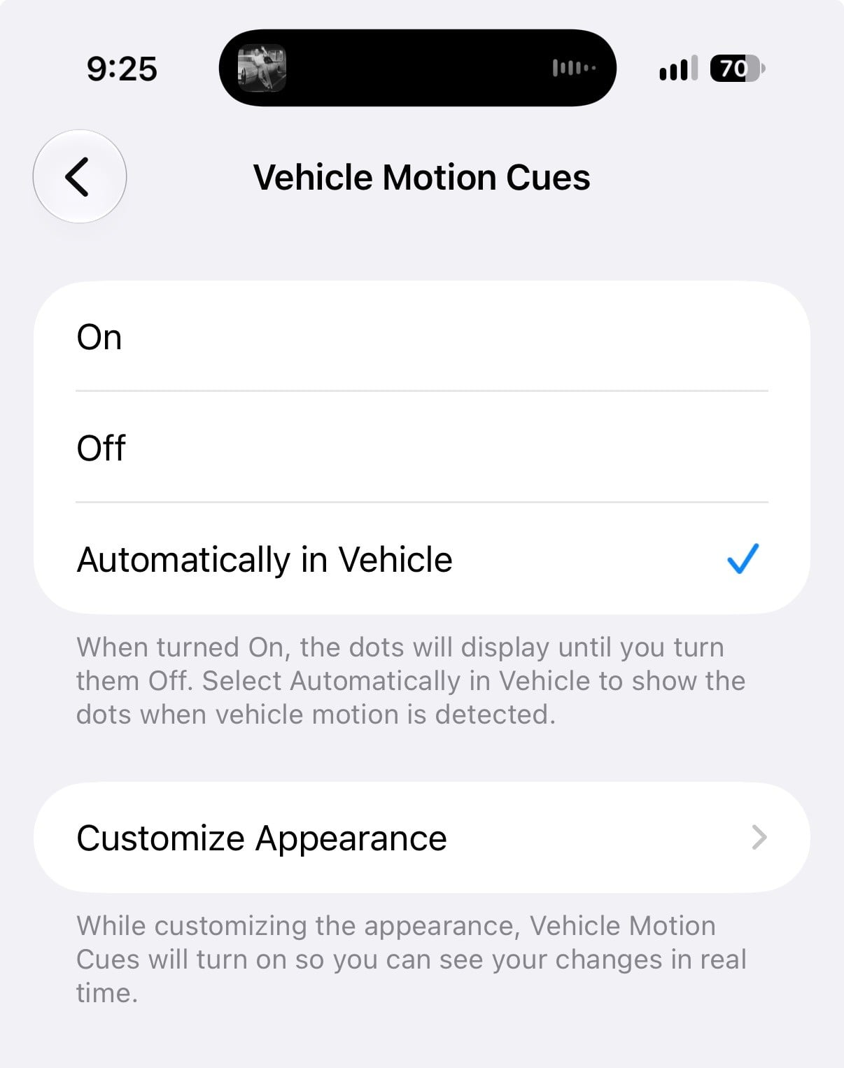 Turn on Vehicle Motion Cues