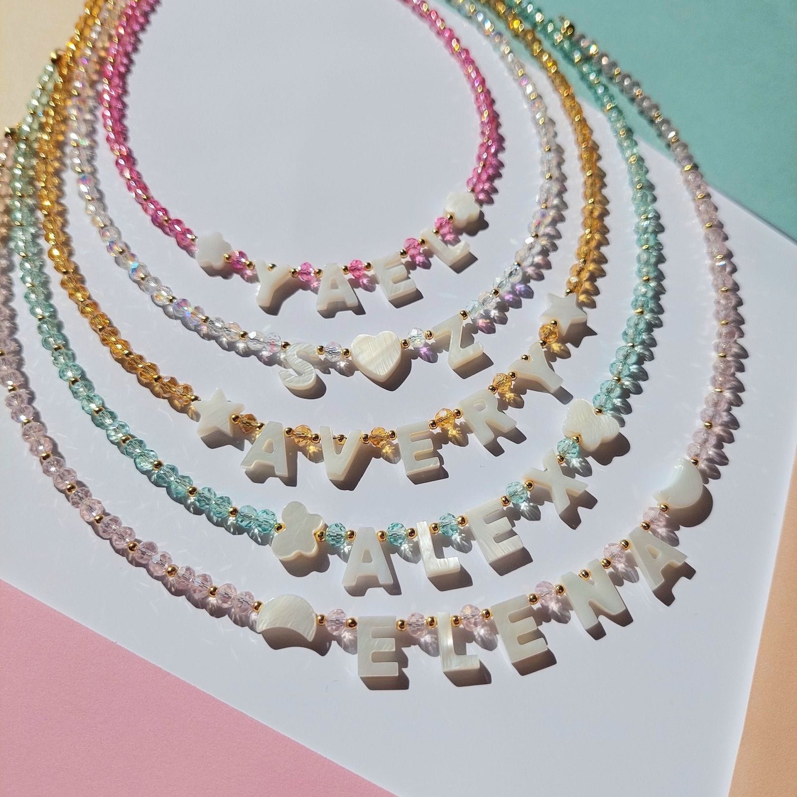 Personalized Name Necklace with Mother of Pearl Beads
