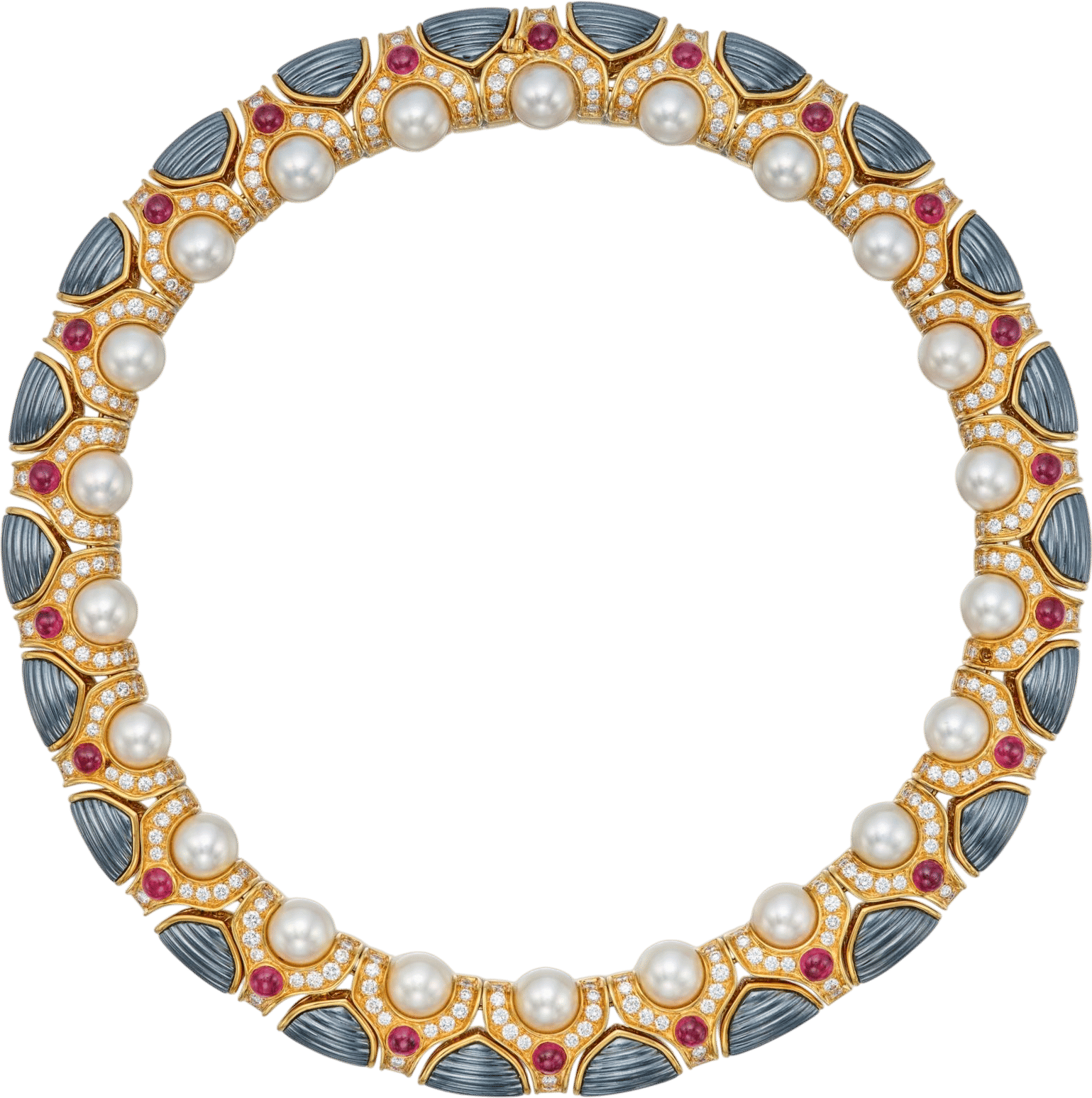 Gold, Hematite, Cultured Pearl, Ruby and Diamond Necklace (1987)