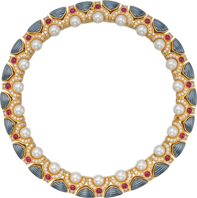Gold, Hematite, Cultured Pearl, Ruby and Diamond Necklace (1987)
