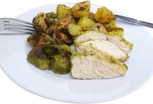 Pesto pasta chicken with brussels