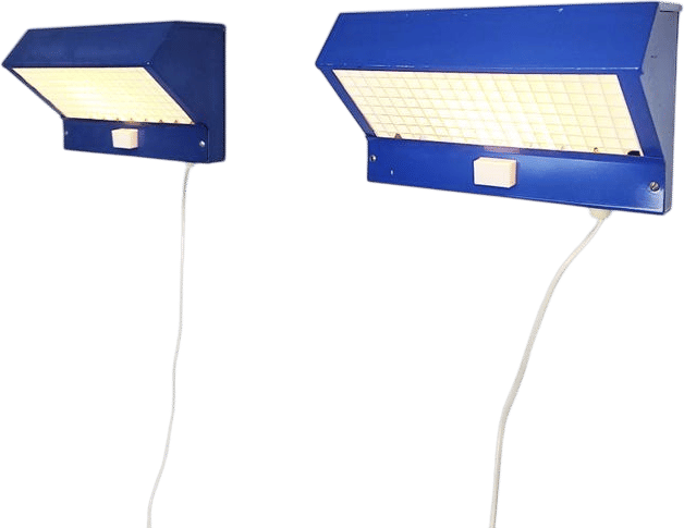 Pair of 1970s brutalist wall lamps, Swedish, Scandinavian design, blue sconces