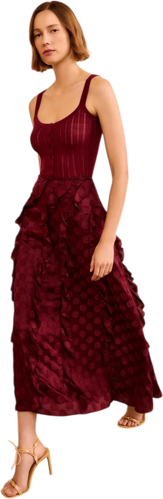 Poppy Cascading Ruffle Midi Skirt - Claret