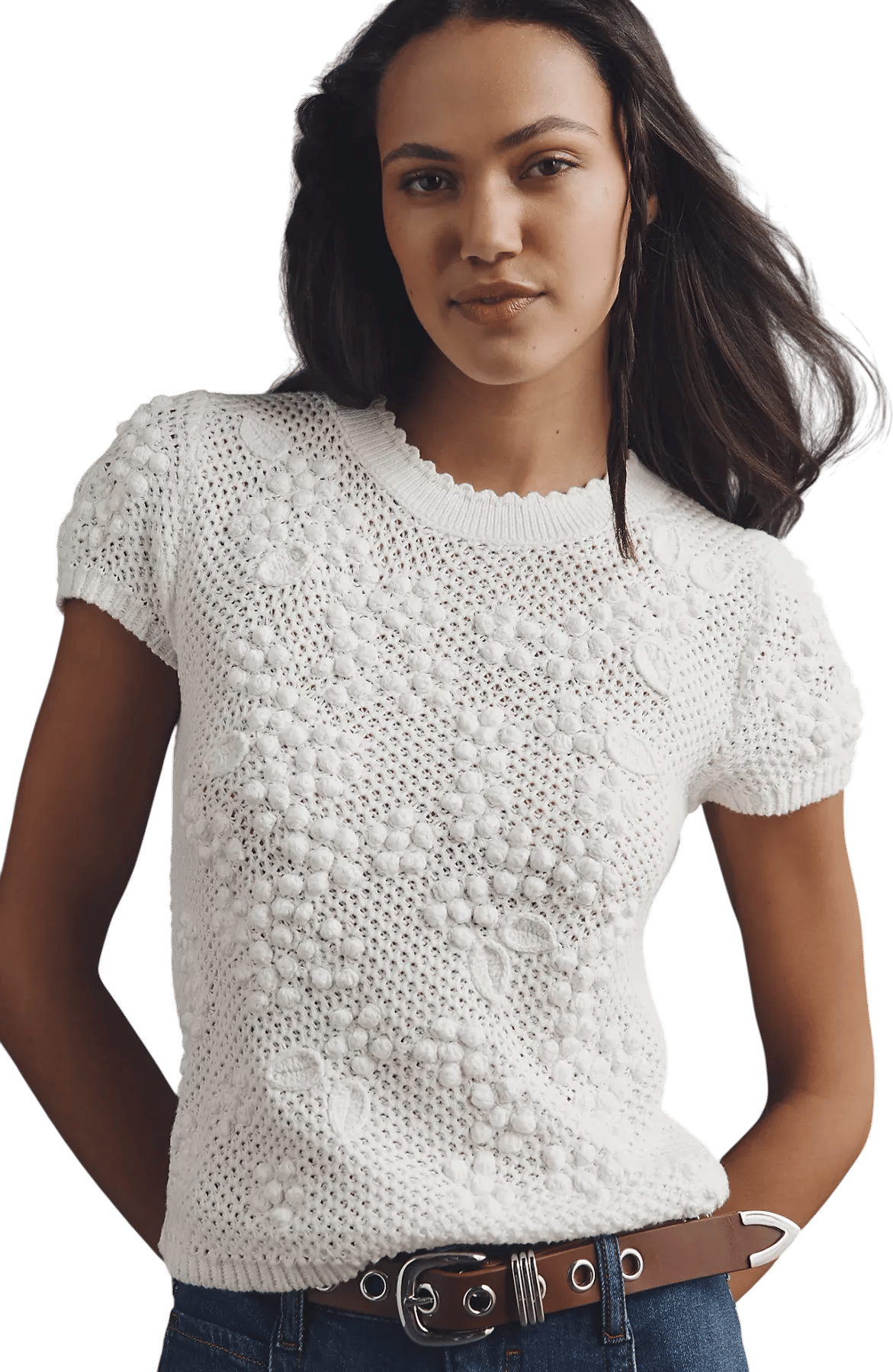 3D Floral Short-Sleeve Crew-Neck Sweater