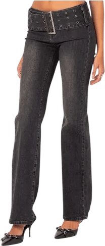 Buckle Belt Washed Flared Jeans