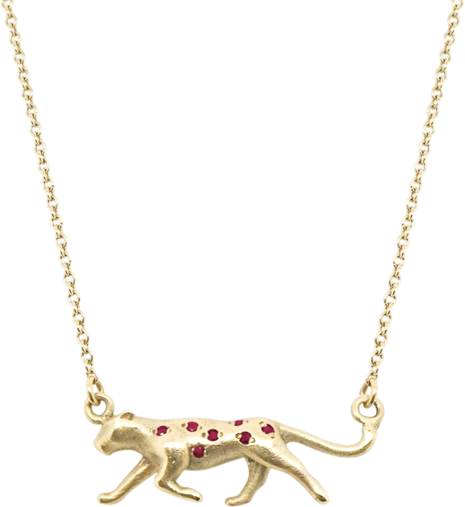 14K Yellow Gold Necklace with Panther Pendant Set with Rubies