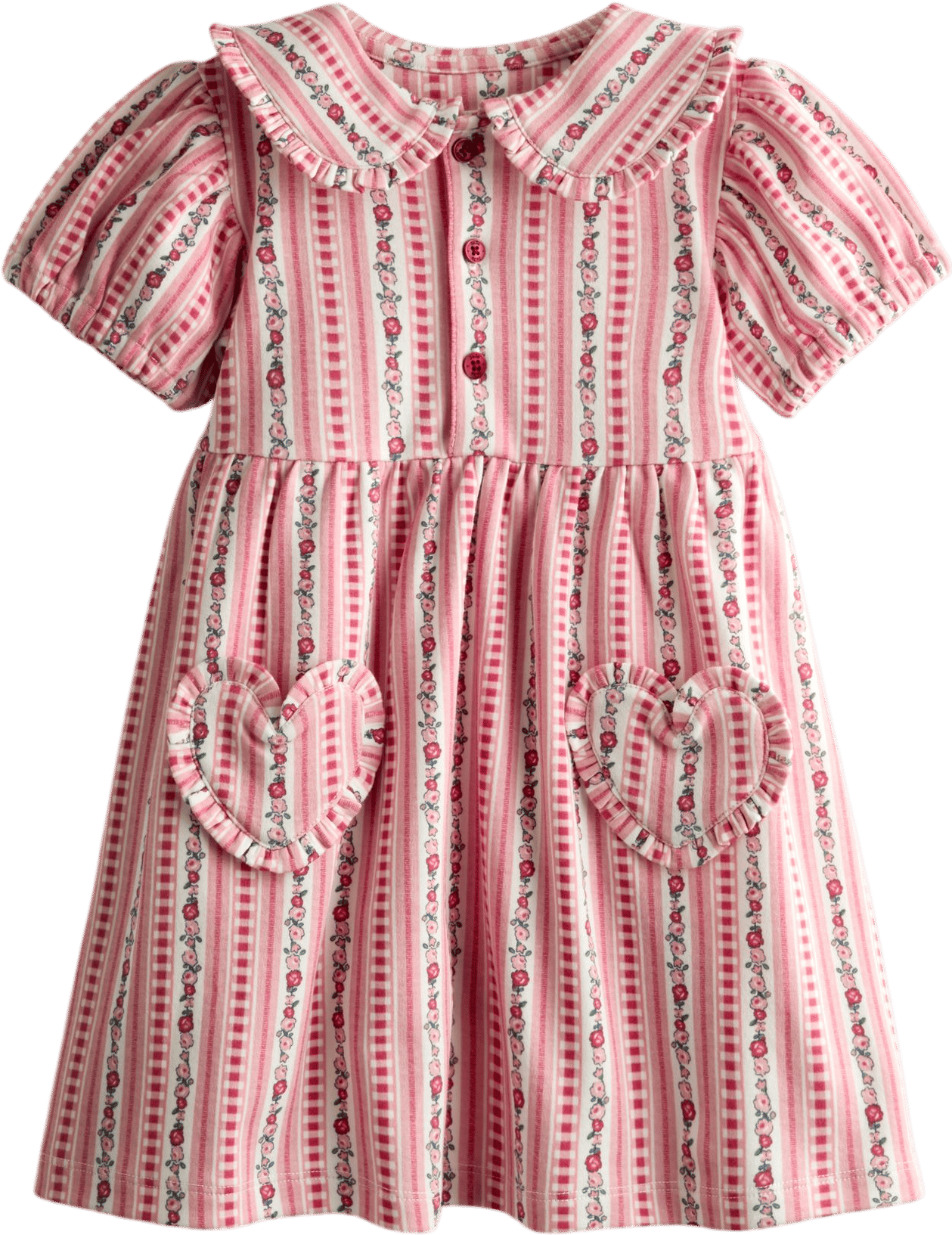 Pink Floral Frill Collar Heart Pockets Dress
