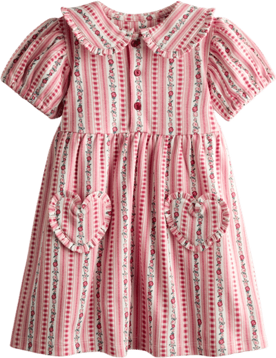 Pink Floral Frill Collar Heart Pockets Dress