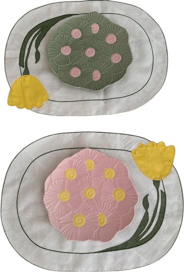Set of 6 Vintage Oval Placemats, Yellow Tulip Linen Polyester Table Mats, Floral Applique Placemats, Cottage Spring Table Decor
