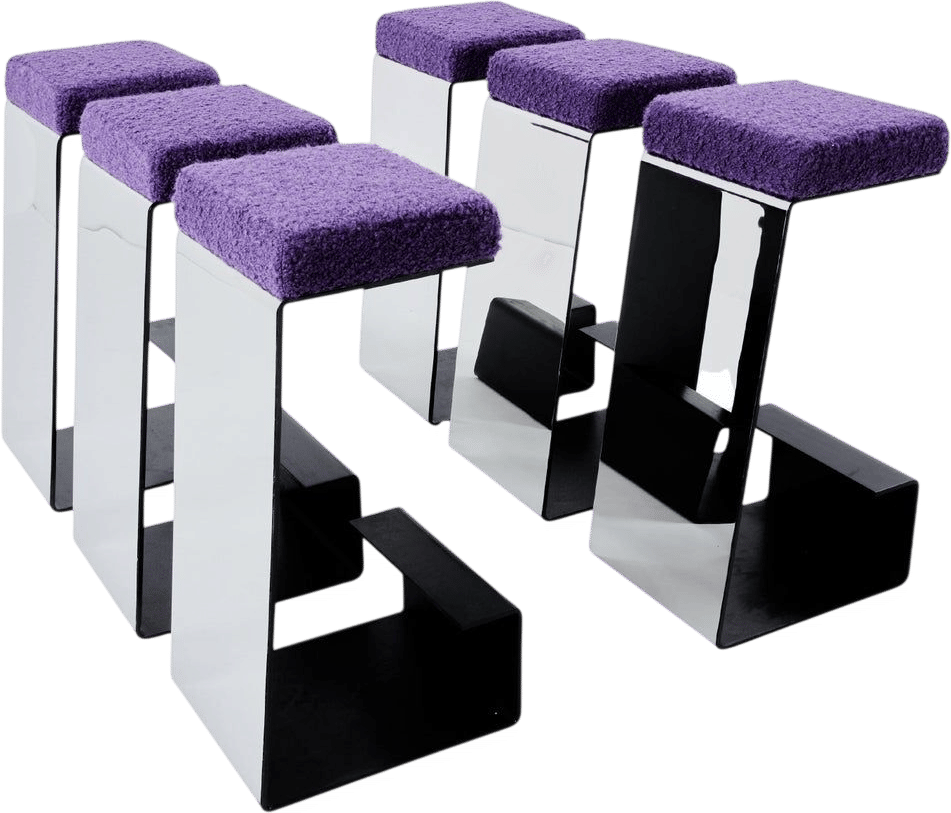 1970s French Wrought Iron & Steel Bouclé Bar Stools
