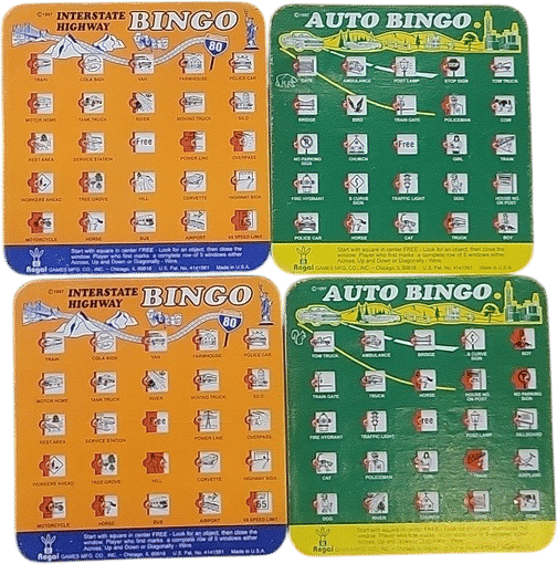 Regal Games 4 cards. 2 Interstate Highway, 2 Auto Travel Bingo Cards