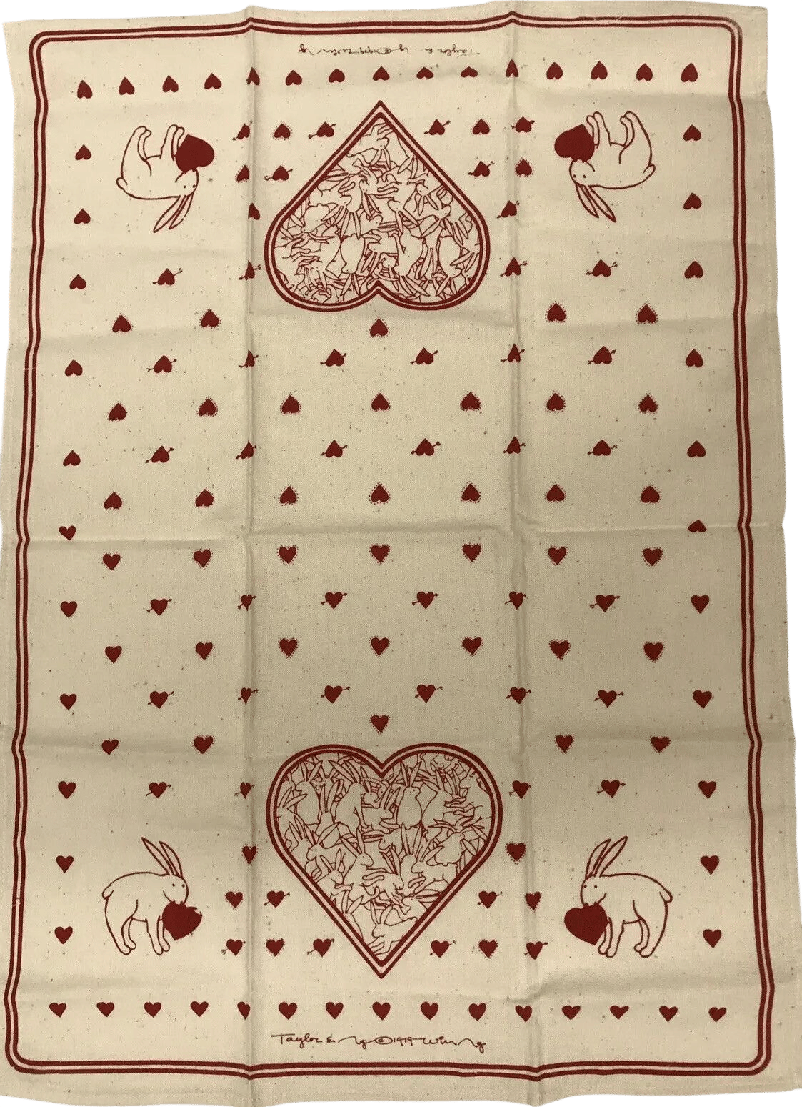 Vintage Taylor & Ng Love Heart Rabbits Tea Towel 1979
