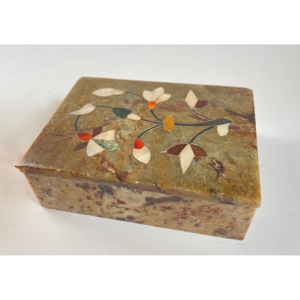 Vintage Inlaid Stone Trinket Box Floral Pietra Dura Mother of Pearl Marble 4x3" - Etsy