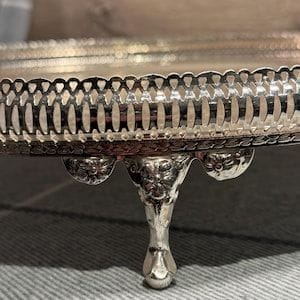 Vintage Queen Anne Large Silver Tone Round Chased Tray with 3 Legs | Acanthus Foliate Boudoir Decorative Displays | Classic Elegant Decor