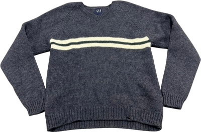 Gap Men's Grey and Navy Striped V-Neck Jumper