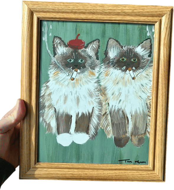 Siamese French smoking sister cats art print framed signed