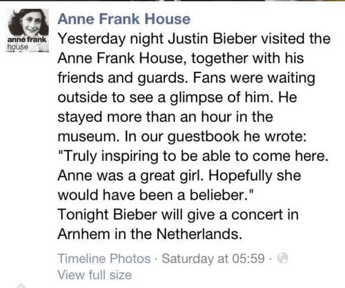Justin Bieber calls Anne Frank a belieber