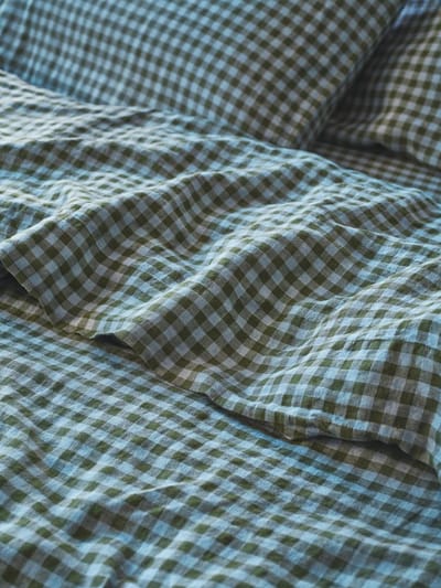 Fern Green & Dusk Blue Color Drenched Gingham Linen Flat Sheet