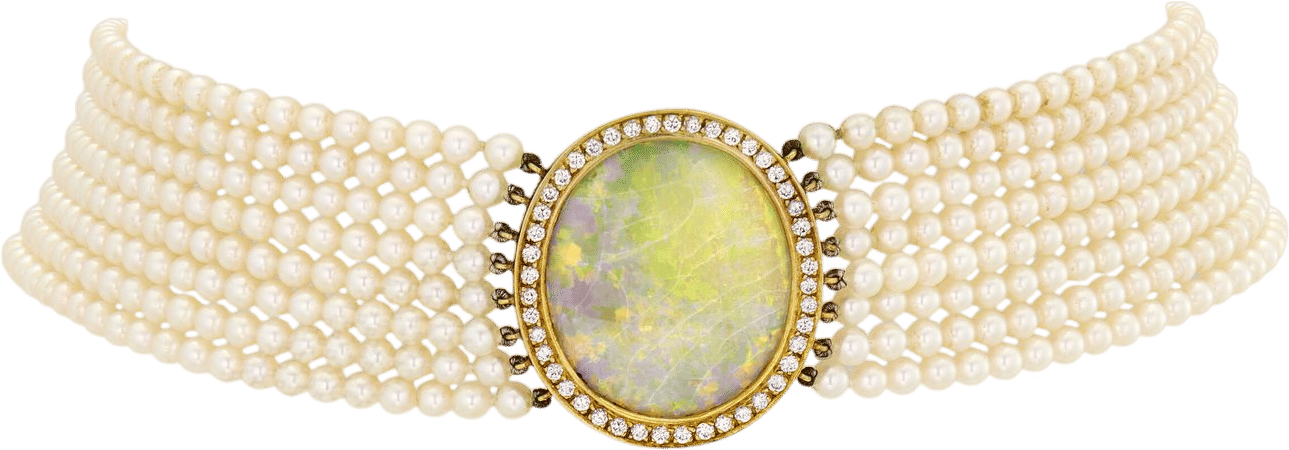 Opal, Cultured Pearl and Diamond Choker Necklace