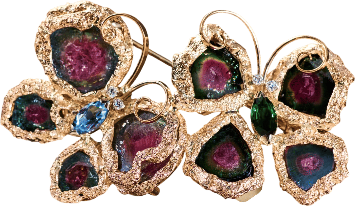 Eragem Watermelon Tourmaline Butterfly Brooch 14K Yellow Gold