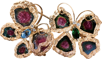 Watermelon Tourmaline Butterfly Brooch 14K Yellow Gold
