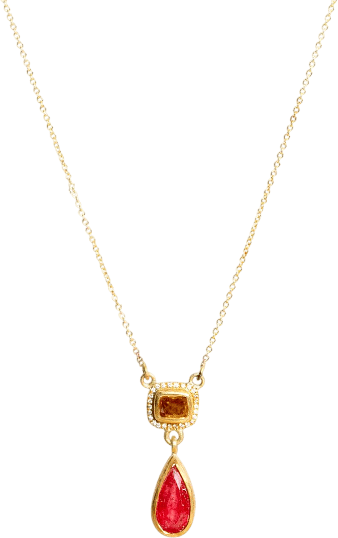Gold Necklace with Amber and Red Gemstone