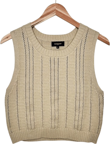 NAF NAF Women's Pointelle Sweater Vest Size Small Beige Tan Neutral Layering