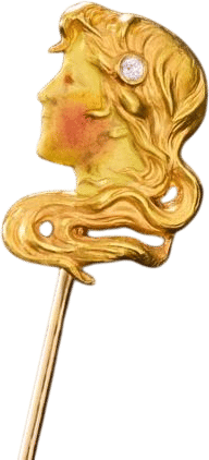 Art Nouveau Enamel Lady Stick Pin with Diamond 14K Yellow Gold