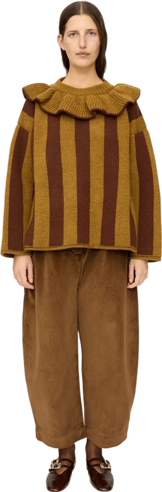 British Merino Wool Striped Ruffle Jumper in Goldfinch and Bordeaux