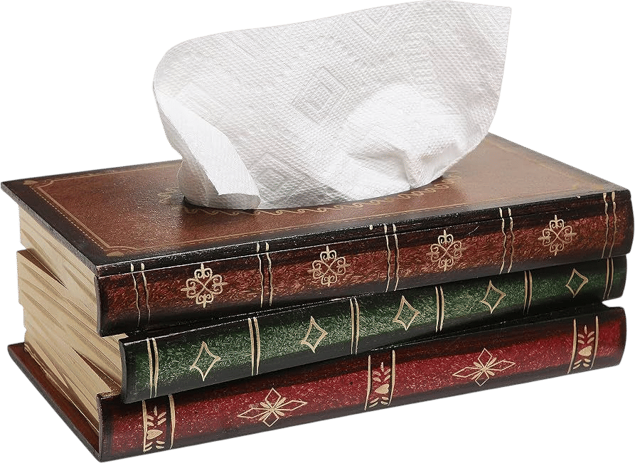 a box of tissues shaped like a pile of books
