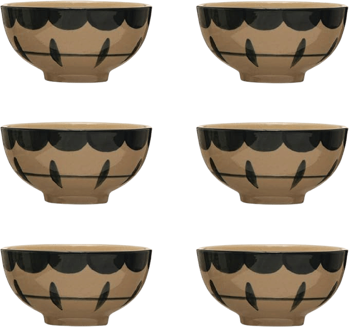 Creative Co-Op Hand Painted Stoneware Bowl with Geometric Designs, Set of 6, Black and Tan