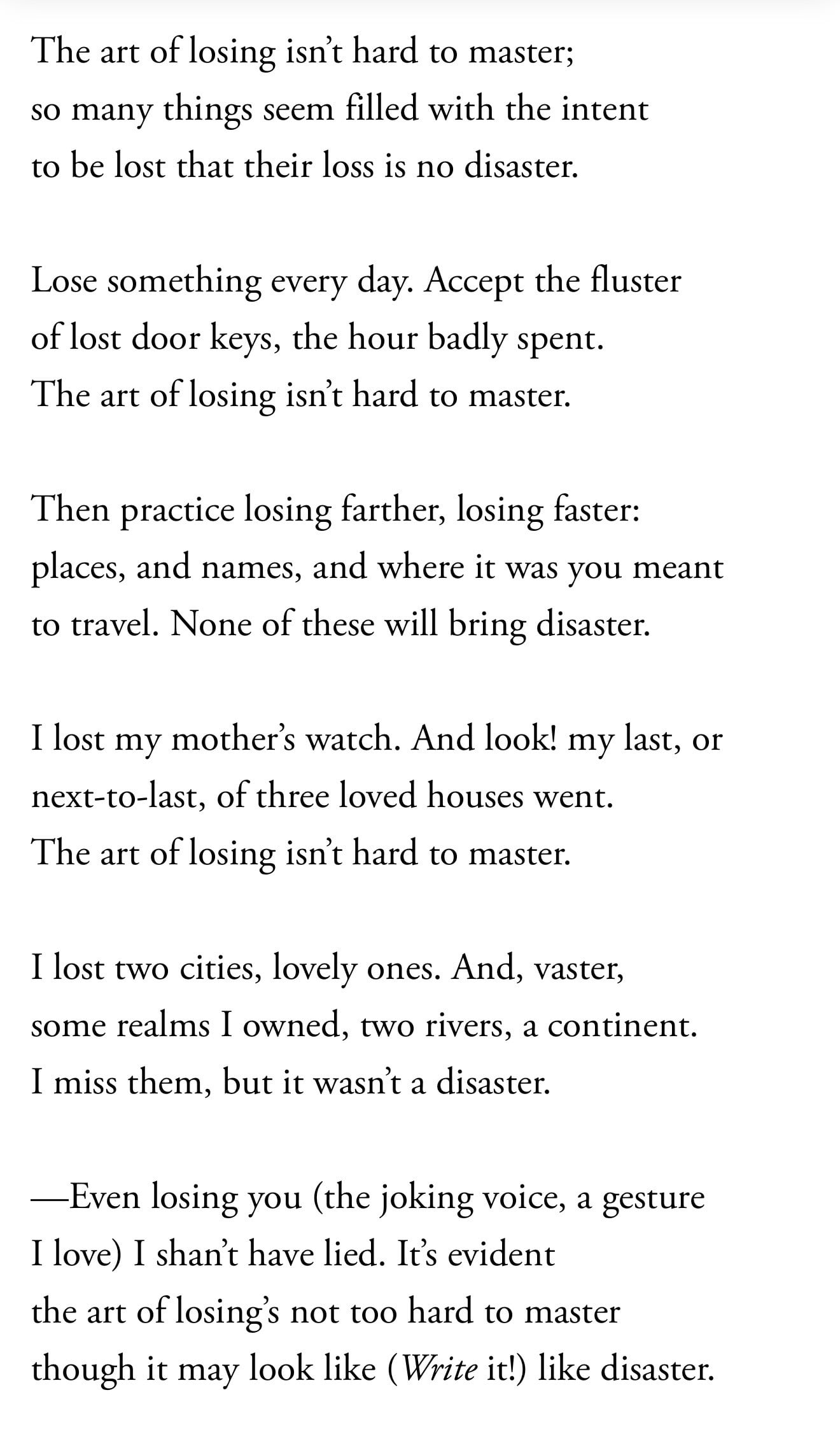 One Art (Elizabeth Bishop)