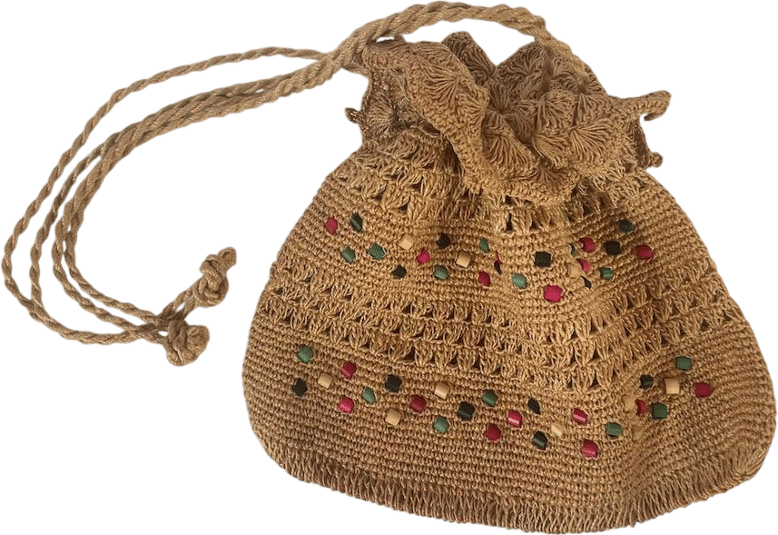 Vintage Straw Crochet Drawstring Bucket Bag
