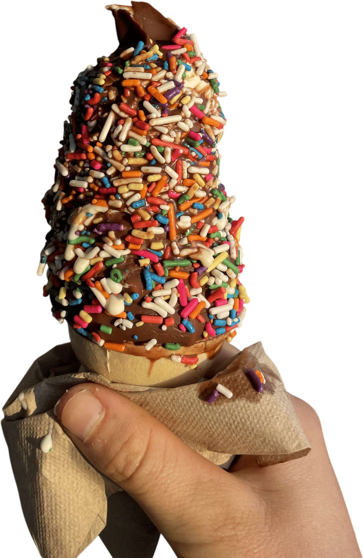 “vanilla soft serve dipped in chocolate with rainbow sprinkles please”