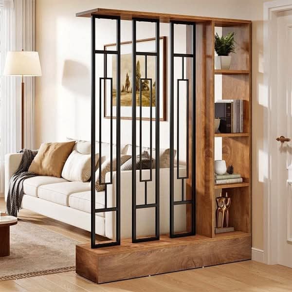 Modern Wood and Metal Room Divider with Shelving