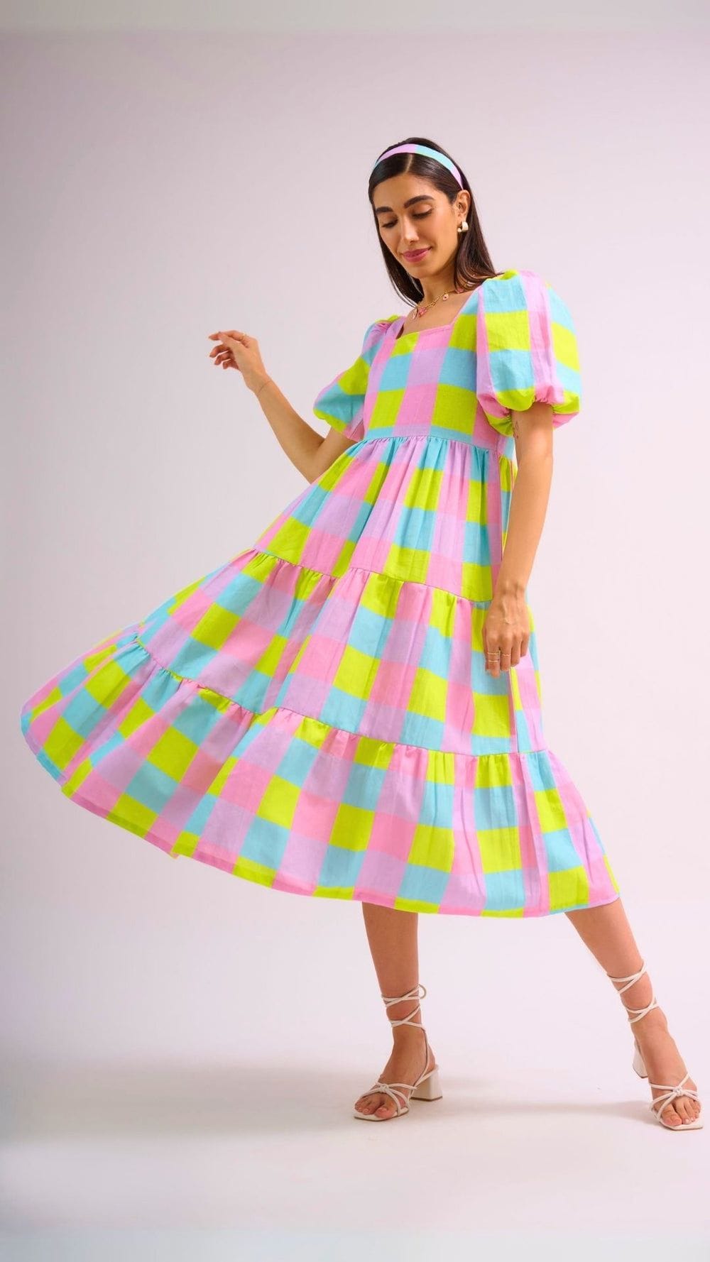 Wild & Pree Cotton-Linen Tiered Dress - Pink & Blue Check Print