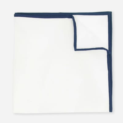 White Cotton Pocket Square with Navy Border
